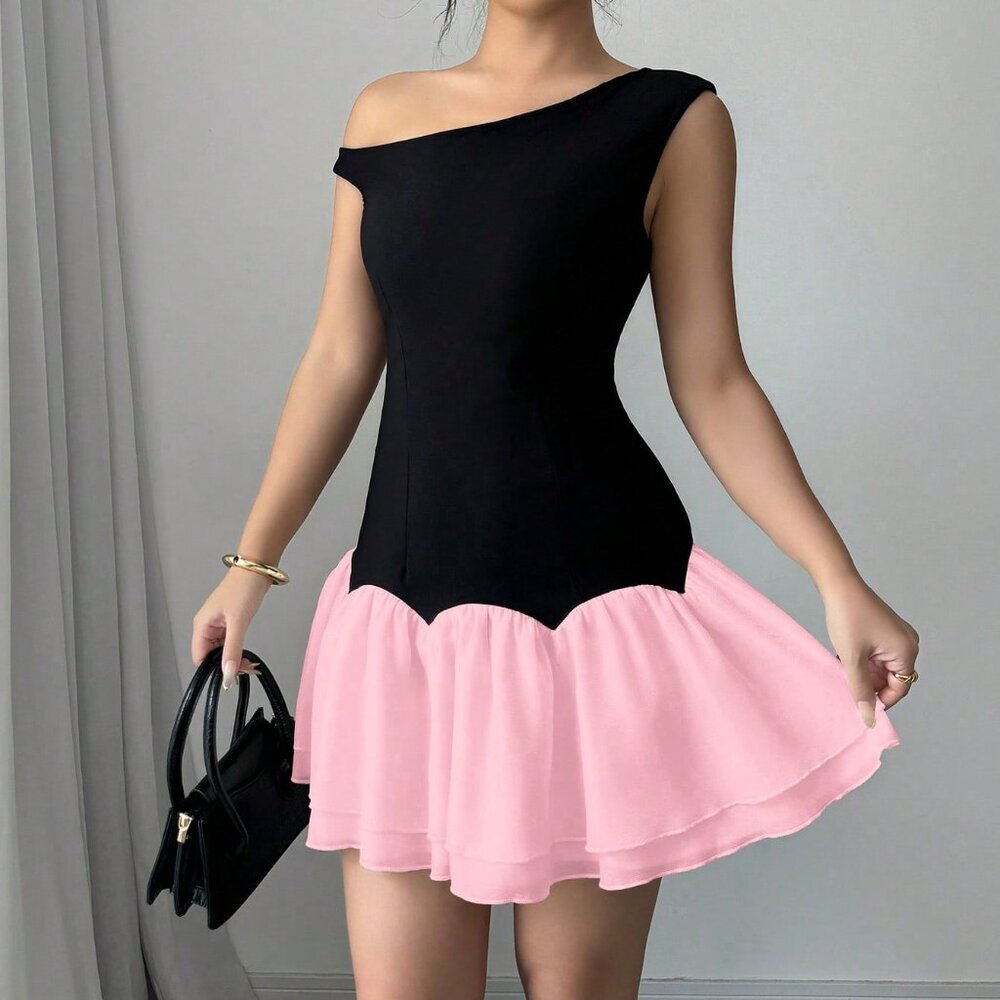 Pink Casual Women's Contrast Color Patchwork Chiffon Asymmetrical Mini Dress - Picture 4 of 6